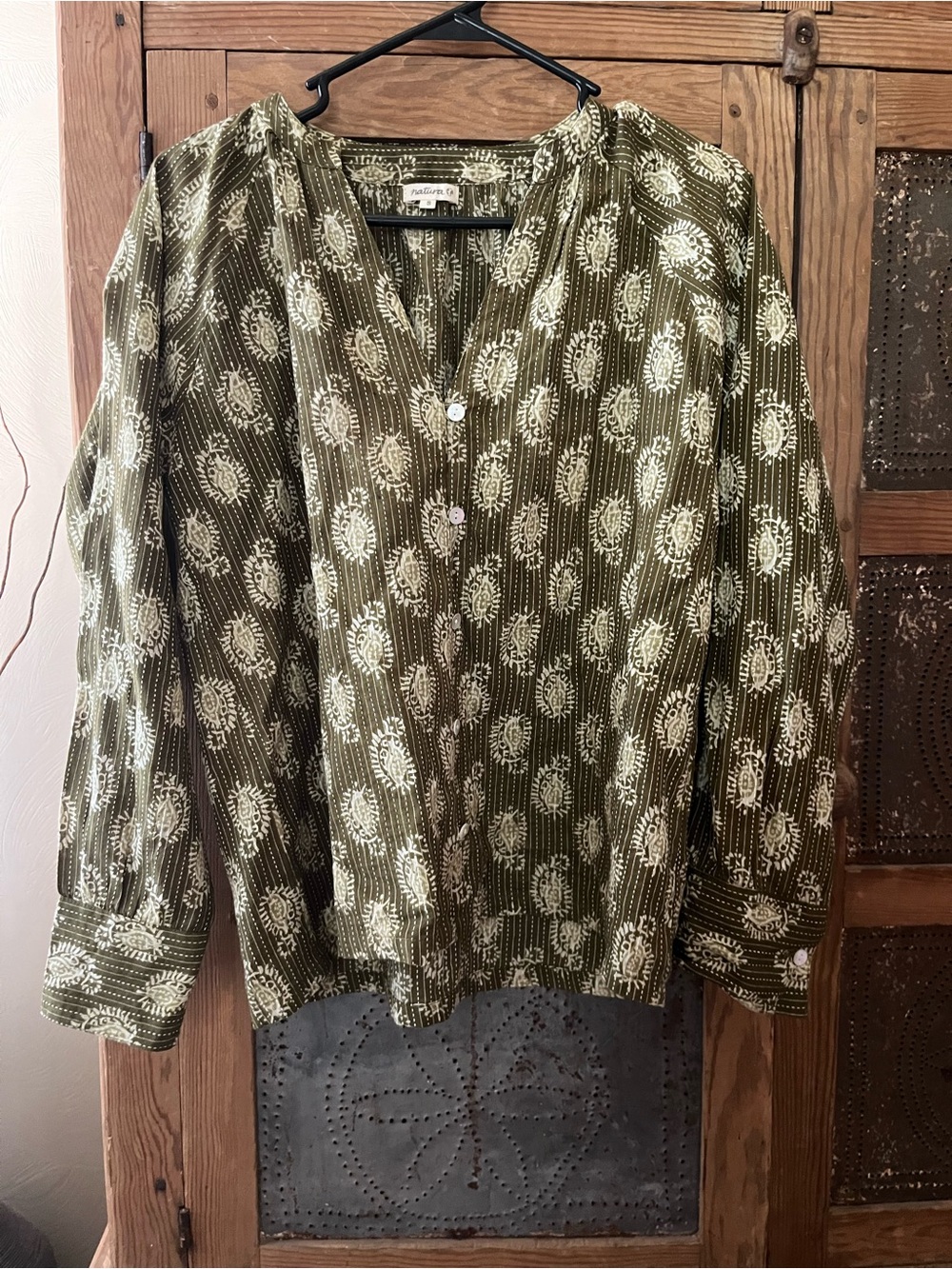 NATURA Olive Green Paisley-Print Button Down Blouse